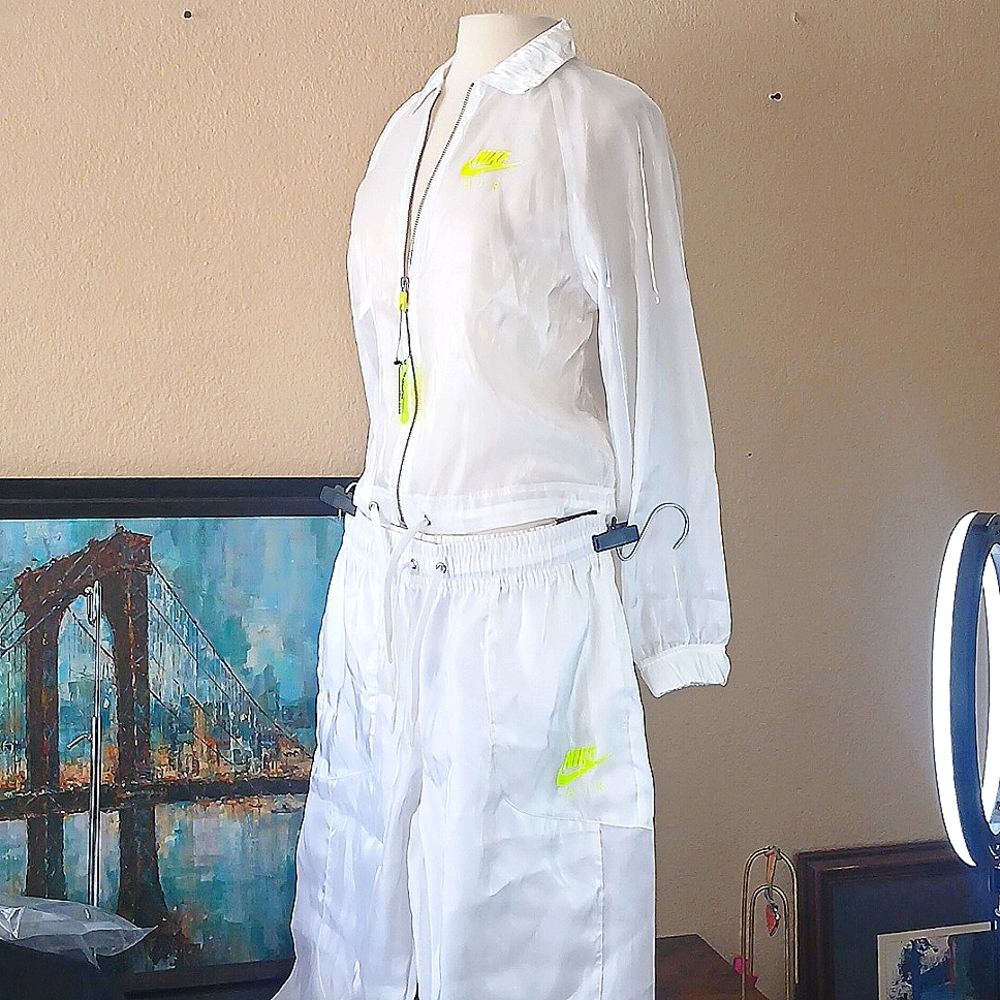 Nike White Windbreaker Utility Jacket with Neon Yellow Logos